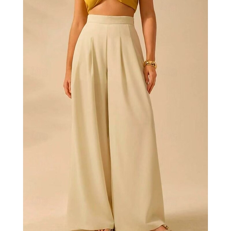 Women's Culottes Wide Leg Slacks Casual Full Length Natural Plain Elastic Waist Outdoor Comfortable Street Going out Black Beige Summer Regular Fit