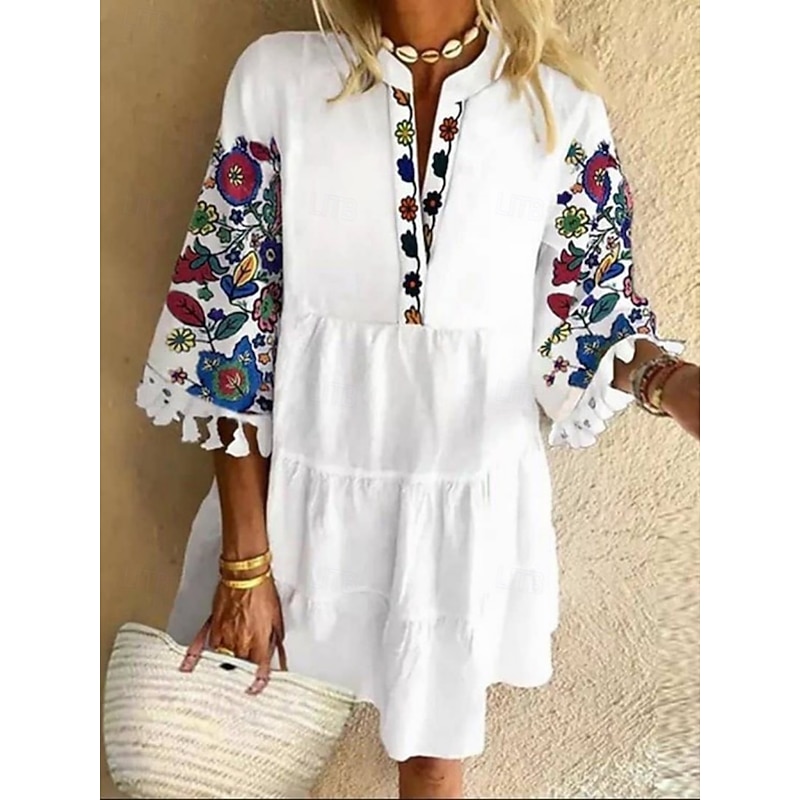 Women's Mini Dress Casual Dress Floral Dress Summer Dress Fashion Modern Daily Beach Weekend Regular Fit Floral 3/4 Length Sleeve V Neck Black White Yellow Red Summer