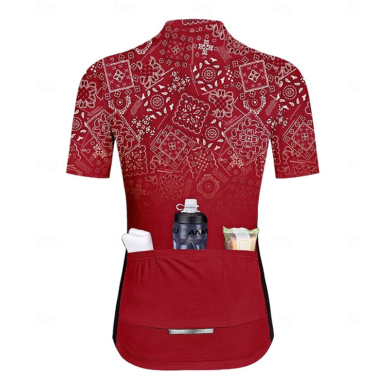 Women's Cycling Jersey Graphic Geometric Gradient Short Sleeve Bike Jersey Top with 3 Rear Pockets Quick Dry Reflective Strips Back Pocket Moisture Wicking Sports Wine Red Clothing Apparel2