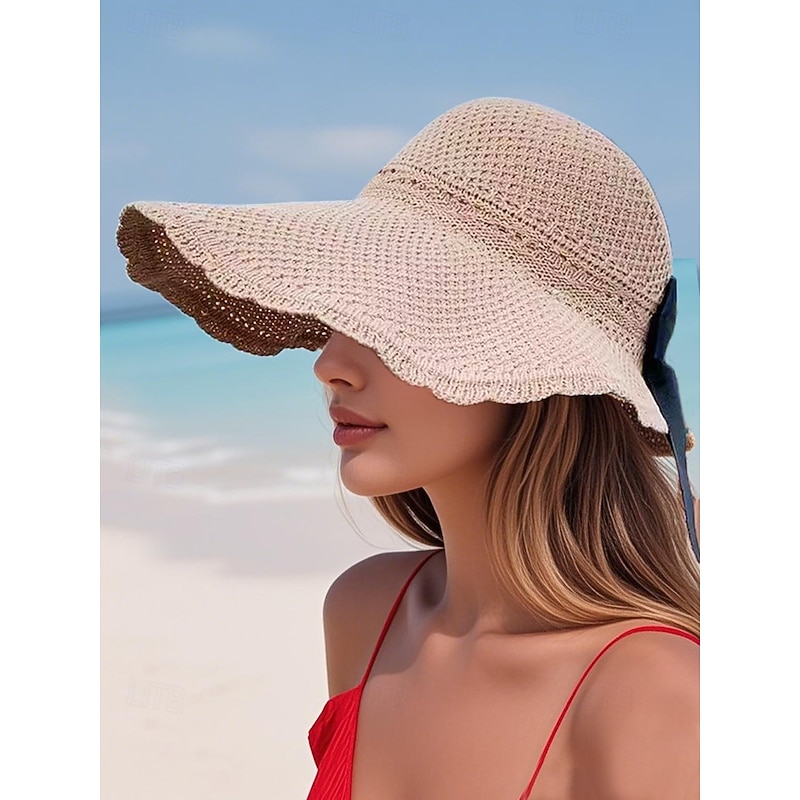 Women's Wide Brim Foldable Straw Sun Hat with Black Bow – Elegant Beach Vacation UV Protection Hat for Summer Travel and Outdoor Wear2