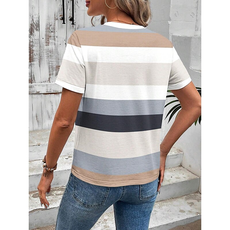 Women's T Shirt Graphic Geometric Striped Vintage Stylish Classic Short Sleeve Crew Neck Round Neck Regular Tops Daily Print Grass Green Khaki Summer Spring3