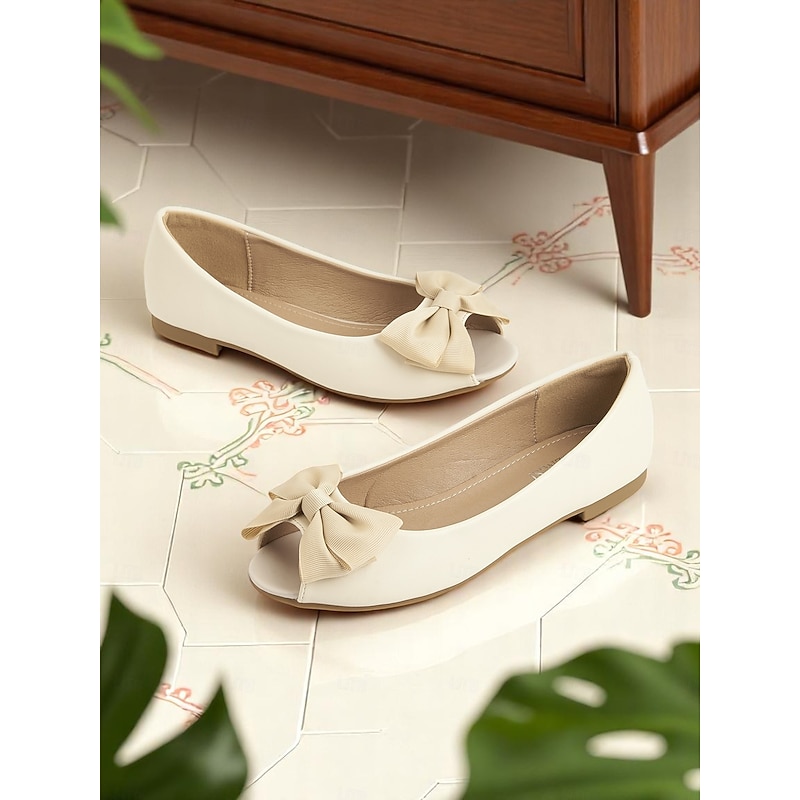 Women's Cream Peep Toe Bow Flats – 1950s Elegant Ballet Style Slip-On Shoes for Bridesmaids, Spring Outfits, and Daily Comfort