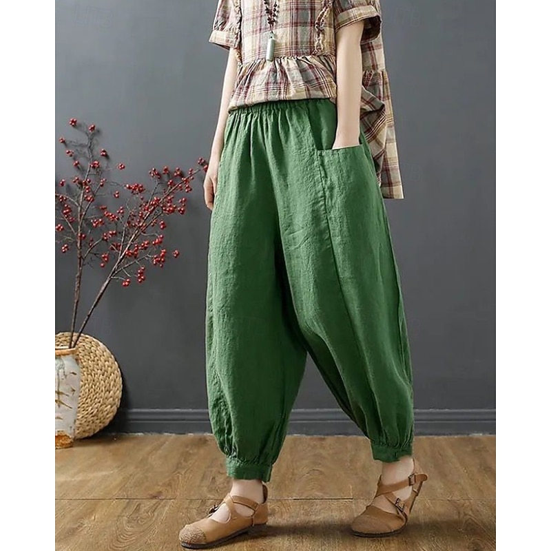 Women's Cotton Linen Pants Slacks Streetwear Casual Full Length Natural Plain Pocket Elastic Waist Outdoor Comfortable Outdoor Vacation Apricot Black Blue Green Summer Regular Fit