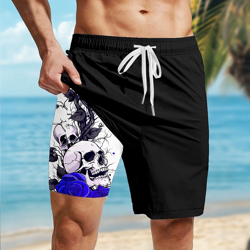 Men's Skull Gothic Halloween Costumes Lined Shorts 2 in 1 Board Shorts Swim Shorts Mid Waist Hawaiian Retro Vintage Holiday Streetwear Side Pockets With Compression Liner Elastic Drawstring Waist2