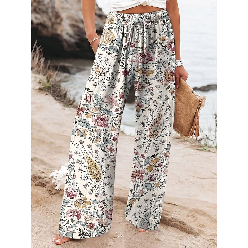 Women's Wide Leg Chinos Baggy Pants Vacation Vintage Fashion Full Length High Waist Graphic Printing Thermal Warm Soft Breathable Micro-elastic Vacation Street Causal rice white Robin's Egg Blue Brown