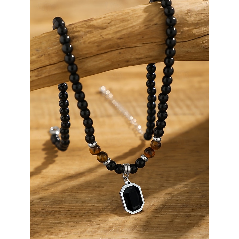 Men's Black Onyx Beaded Necklace with Tiger Eye Accents and Silver Pendant – Stylish Gift for Casual and Formal Occasions3