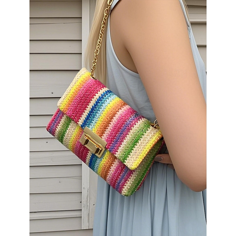 Women's Rainbow Woven Shoulder Bag – Colorful Crochet Crossbody Purse with Gold Chain Strap for Summer, Beach and Vacation Outfits