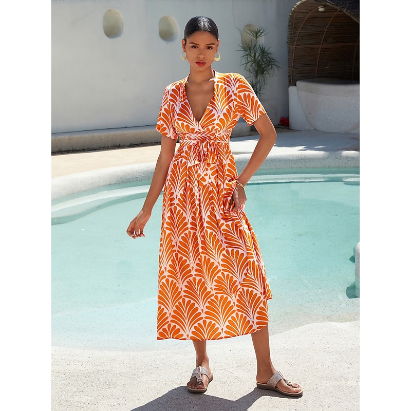 Women's Midi Dress Maxi Dress Orange Short Sleeve Geometric With Belt Spring & Summer V Neck Pattern Dress S M L4