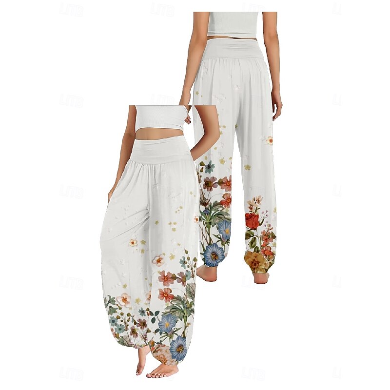 Women's Linen-Inspired Pants Wide Leg Pants Trousers Ethnic Style Casual Boho Full Length High Waist Floral Pocket Elastic Waist Printing Breathability Soft Micro-elastic Outdoor Yoga White Yellow3