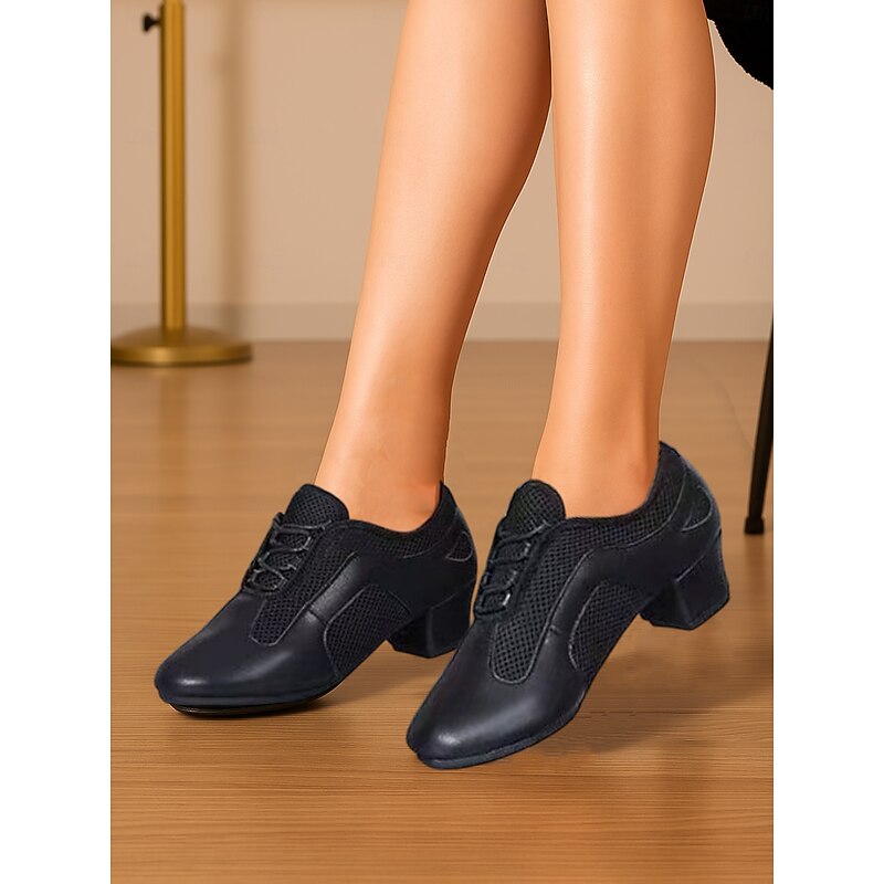 Women's Black Mesh and Faux Leather Latin Dance Shoes with Low Heel – Breathable Lace-Up Ballroom Practice Shoes for Beginners and Professionals
