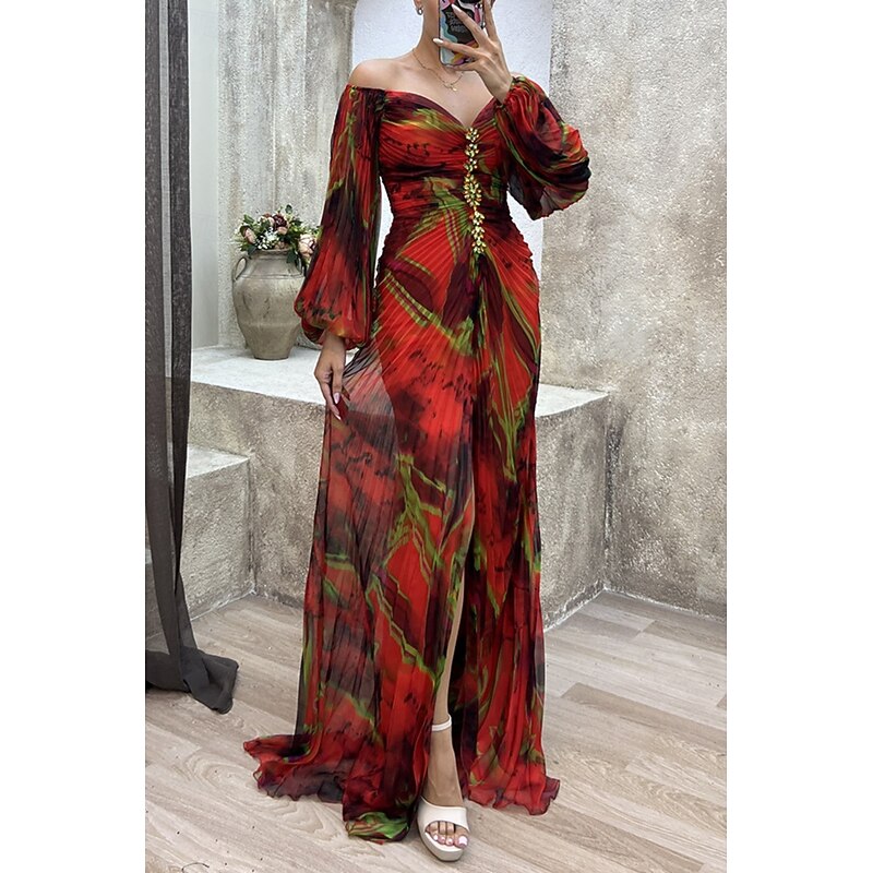 Women's Long Dress Maxi Dress Party Dress Cocktail Dress Floral Dress Fashion Party Evening Party Date Regular Fit Flower Long Sleeve V Neck Yellow Wine Blue Green Summer2