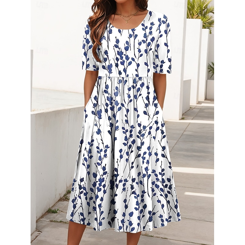 Women's Midi Dress Summer Dress Pleated Dress Vacation Casual Beach Daily Holiday Regular Fit Floral Graphic Short Sleeve Crew Neck White Red Blue Green Summer3