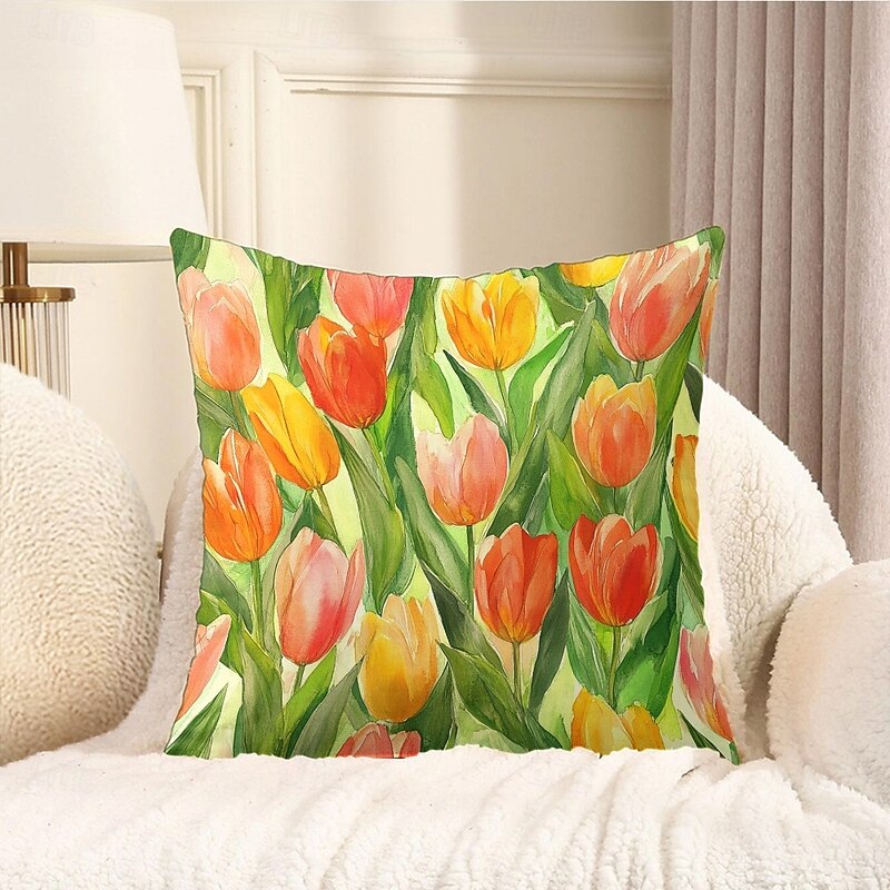 Summer Flower Tulips Decorative Toss Pillows Cover 1PC Soft Square Couch Cushion Case Pillowcase for Bedroom Livingroom Sofa Chair