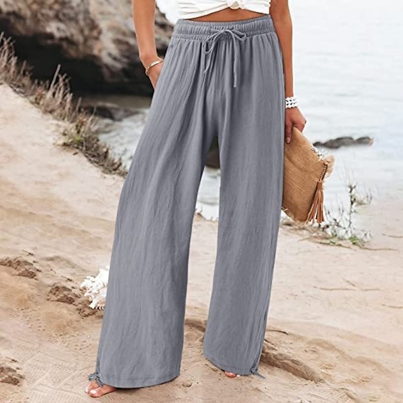 Women's Wide Leg Chinos Baggy Pants Vacation Vintage Basic Full Length High Waist Plain Pocket Elastic Waistband Comfy Soft Comfortable Micro-elastic Formal Vacation Street Black Green Beige Gray2