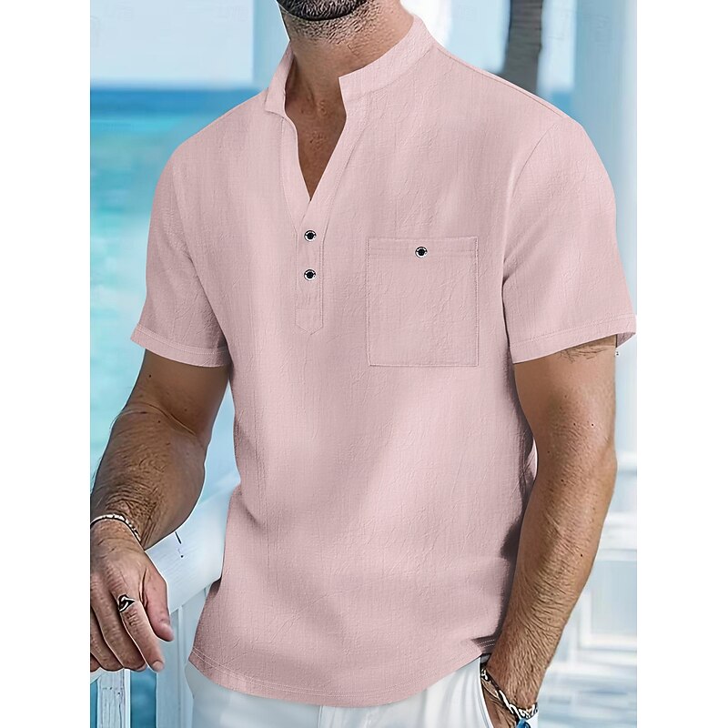 Men's Linen Shirt Popover Shirt Casual Shirt Button Up Shirt Plain Vacation Street White Yellow Pink Apricot Short Sleeve Band Collar Spring & Summer Clothing Apparel Pocket2