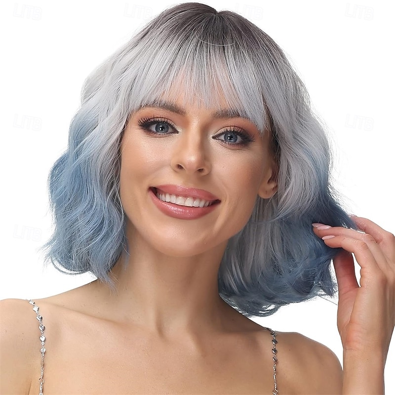 Wavy Bob Wig with Bangs Natural Ombre Silver Blue Wig Synthetic Hair Shoulder Length Short Curly Ombre Wigs for Women