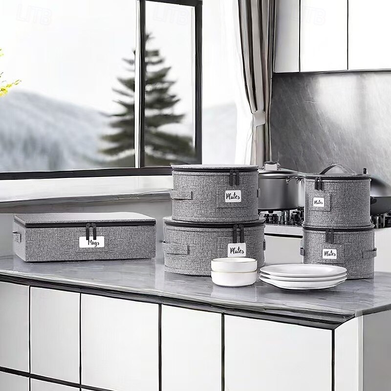 4 Pack Puricon Dinnerware Storage Containers Set, China Plate Storage Bags Protectors for Round Crockery Storage with Felt Plate Dividers -Grey2