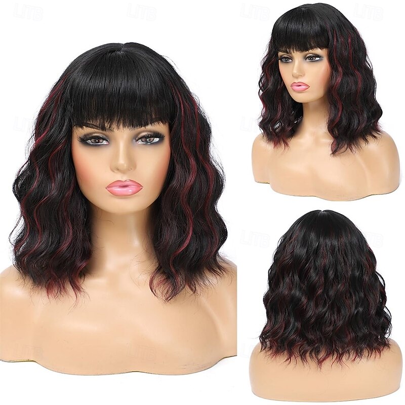 Short Wavy Wig with Bangs for Women Shoulder Length Bob Curly Synthetic Wigs with Natural Wavy Black Mixed Wine Red Heat Resistant Wig for Daily Party Use3