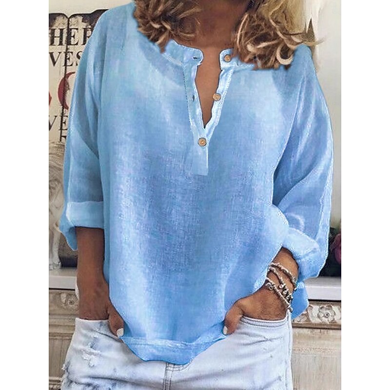 Women's Shirt Plain Basic Casual Long Sleeve Crew Neck Regular Tops Daily Buttons White Blue Purple Khaki Summer3