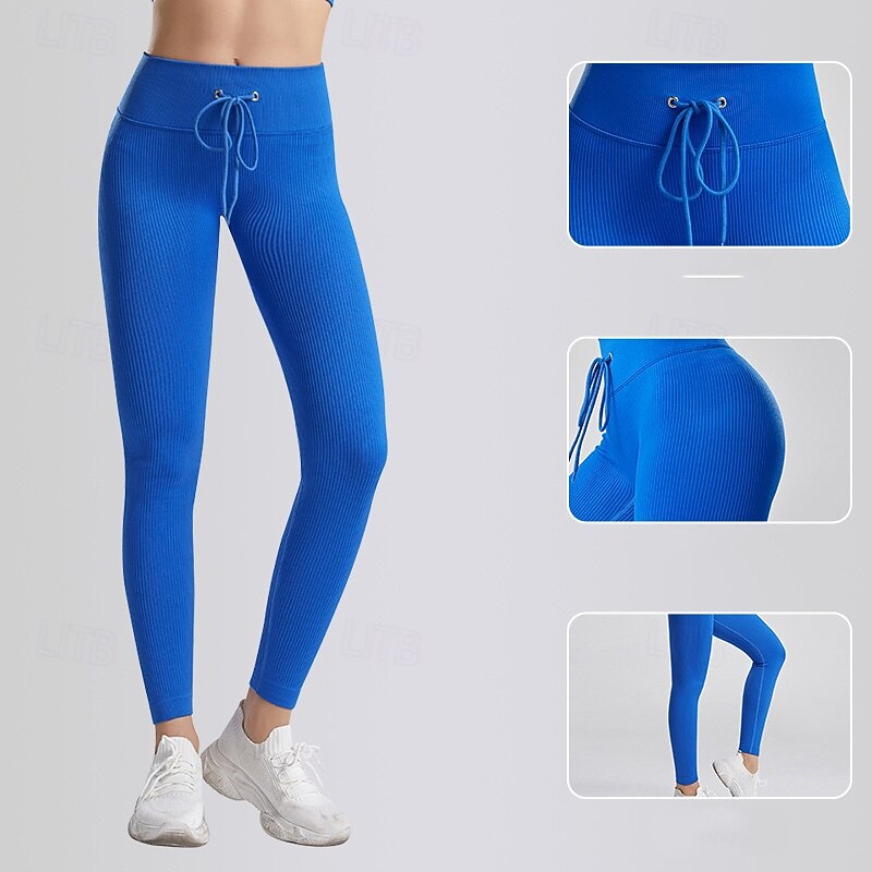 Women's Yoga Pants Yoga Leggings Drawstring Elastic Waistband Ribbed Butt Lift Tummy Control Pilates Gym Workout Workout Pants Solid Color Black White Royal Blue Fall Sports Activewear Stretchy Slim