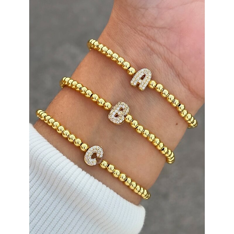 Women's Gold Beaded Initial Bracelet - Personalized Alphabet Charm Jewelry, Adjustable Elastic Stretch Design, Elegant Style, Suitable for Graduation Gifts, Birthdays and Daily Wear2