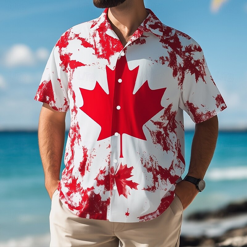 Men's Canada Maple Leaf National Flag Shirt Summer Shirt Button Up Shirt Short Sleeve Fashion Casual Outdoor Vacation Dailywear Summer Spring Turndown 3D Print Collared Shirts White