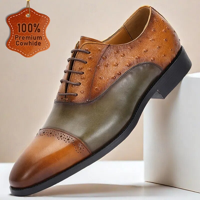 Men's Two-Tone Leather Oxford Shoes with Ostrich Print – Luxury Lace-Up Formal Shoes for Banquets and Prom Nights