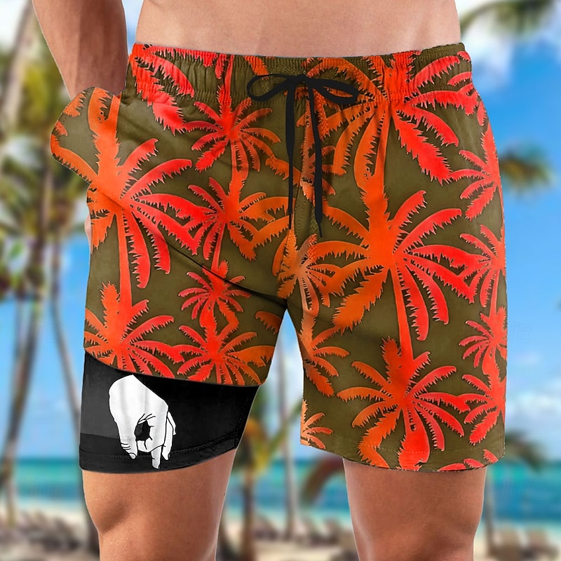 Men's Coconut Tree Funny gestures Lined Shorts 2 in 1 Board Shorts Swim Shorts Mid Waist Hawaiian Vacation Beach Wear Side Pockets With Compression Liner Elastic Drawstring Waist Designer Clothing3