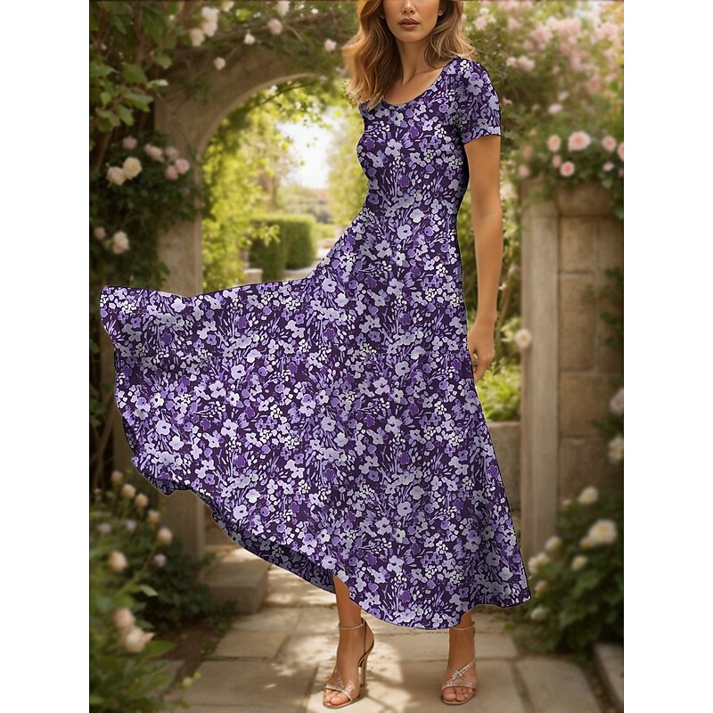 Women's Maxi Dress Casual Dress Sundress A Line Dress Summer Dress Vacation Vintage Ethnic Regular Fit Floral Graphic Short Sleeve Square Neck Red Blue Purple Green Summer Spring4