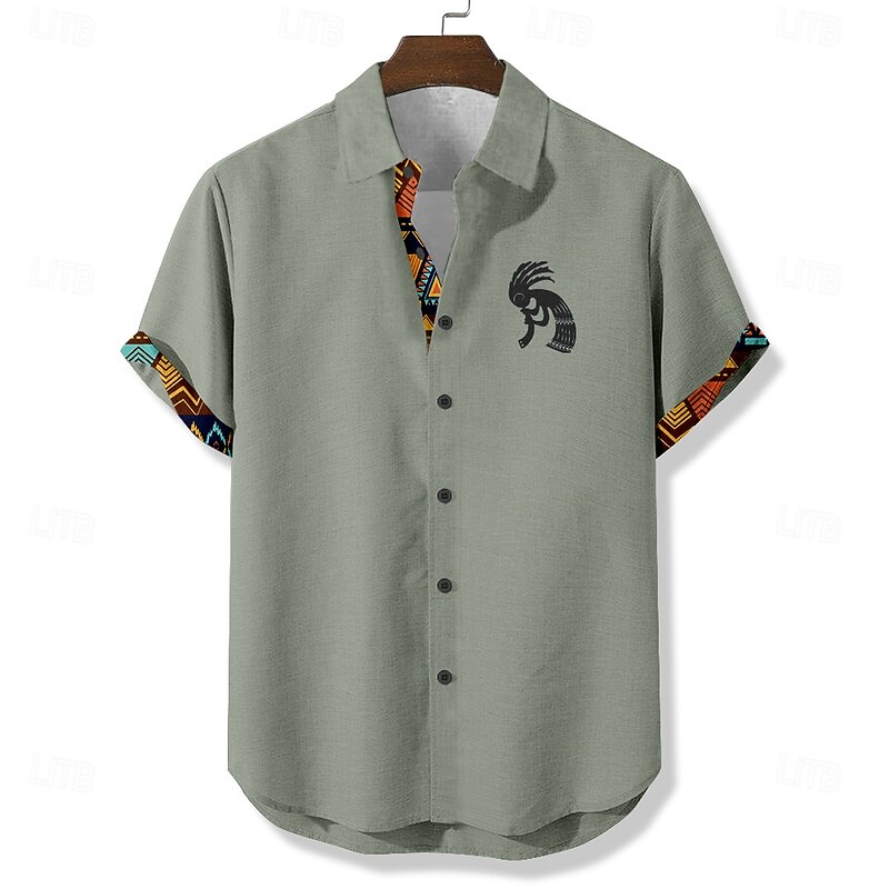 Men's Aztec Ethnic Kokopelli Shirt Summer Shirt Button Up Shirt Short Sleeve Vintage Retro Vacation Dailywear Beach Wear Summer Spring Turndown 3D Print Linen Like Shirt Blue Green Khaki