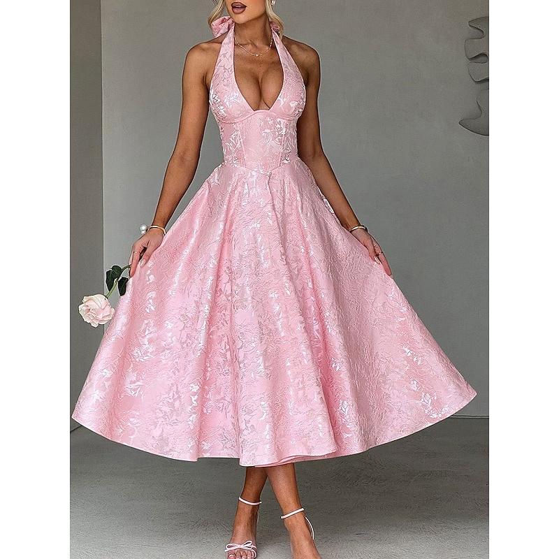 A-LineDress Jacquard Dress Semi Formal Cocktail Dress Wedding Midi Length Sleeveless Halter Neck Bow Backless with Lace Up Detail Wedding Guest Dress2
