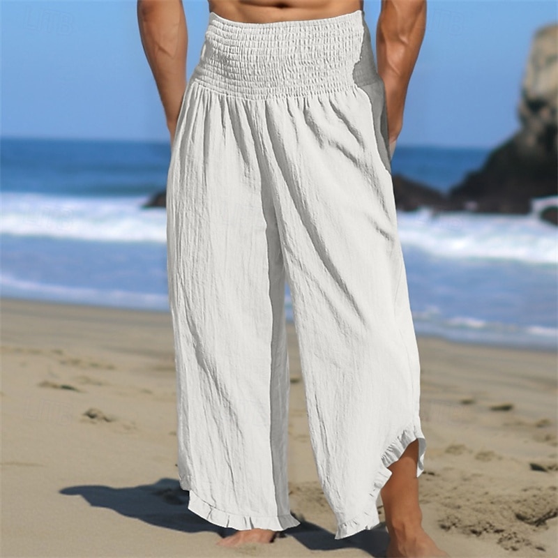 Men's Linen Pants Trousers Summer Pants Baggy Pants Beach Pants Ruffle Elastic Waist Straight Leg Plain Comfort Breathable Full Length Daily Holiday Beach Vacation Fashion White Orange