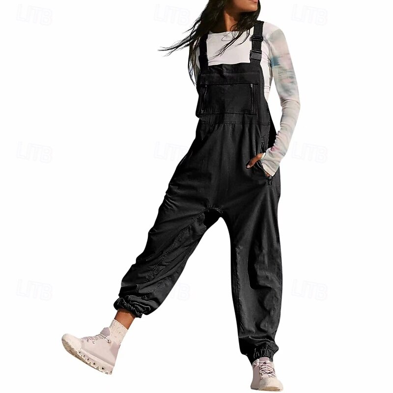 Women's Solid Color Dungarees Jumpsuit Streetwear Sleeveless U Neck Pocket Street Daily Regular Fit Black White Pink Summer