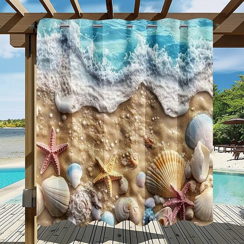 Waterproof Outdoor Curtain Privacy, Sliding Patio Curtain Drapes, Pergola Curtains Grommet 3D Ocean Beach Landscape For Gazebo, Balcony, Porch, Party, 1 Panel2