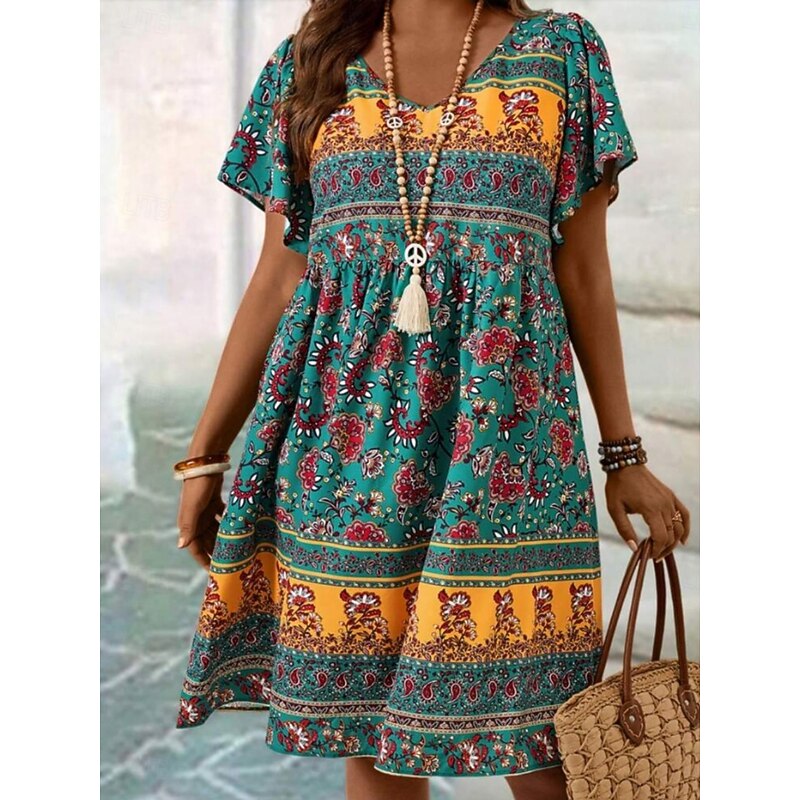 Women's Mini Dress Casual Dress Floral Dress Summer Dress Boho Dress Fashion Modern Daily Beach Weekend Regular Fit Floral Short Sleeve V Neck Black White Royal Blue Blue Summer3