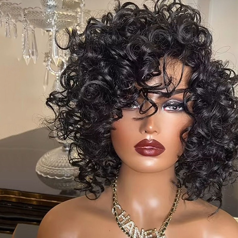 Human Hair 5x5 Closure 13x4 Lace Front Wig With Bangs Brazilian Hair Loose Wave Black Wig 130% 150% Density 100% Virgin Glueless Pre-Plucked For Women Short Human Hair Lace Wig2