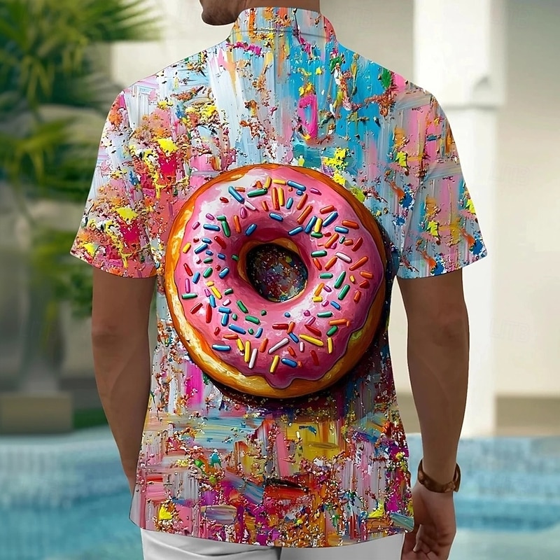 Men's Optical Illusion Funny Donuts Shirt Summer Hawaiian Shirt Button Up Shirt Short Sleeve Hawaiian Vacation Holiday Beach Wear Summer Spring Turndown 3D Print Collared Shirts Front One Pocket Blue2