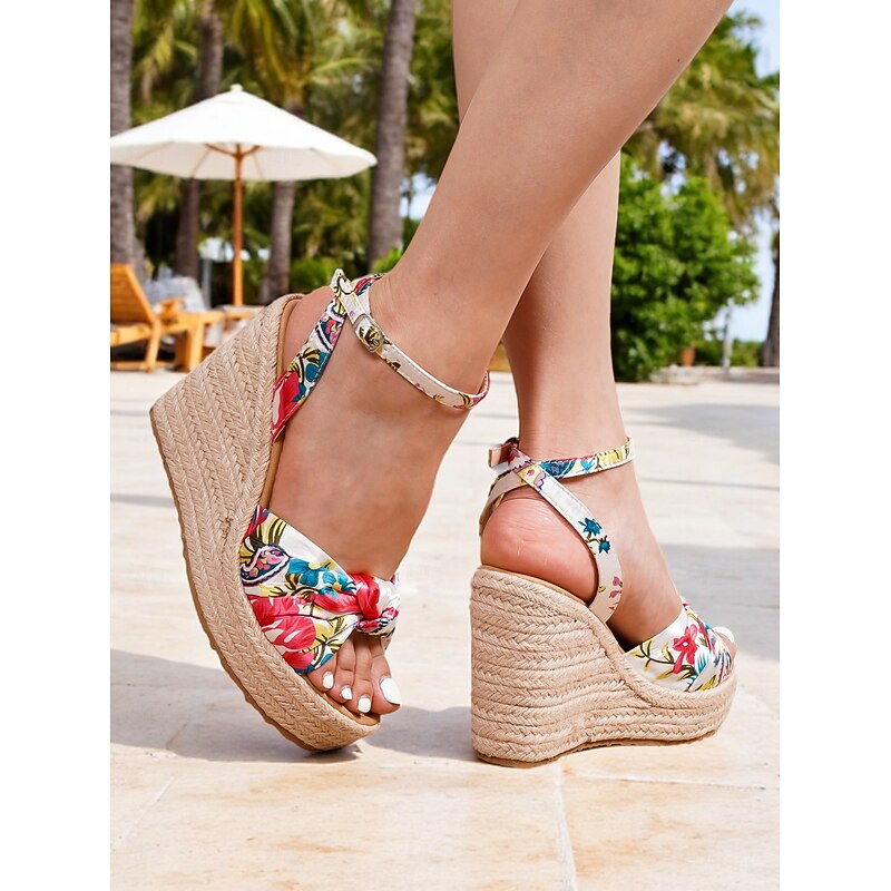 Women's Floral Print Espadrille Wedge Sandals with Ankle Strap – Tropical Vacation Platform Heels for Beach Parties and Summer Outfits3