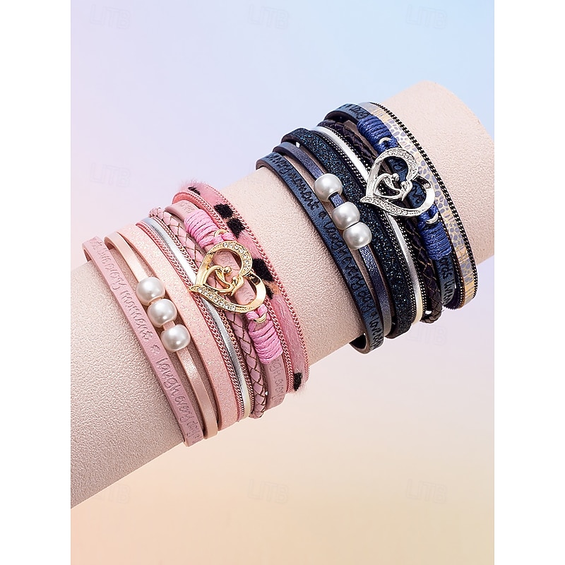 Women's Magnetic Faux Leather Bracelet – Heart & Pearl Charm Alloy Cuff with Inspirational Text, Boho Style Fashion Jewelry Gift for Mom, Suitable for Mother's Day, Birthdays and Casual Outfits2