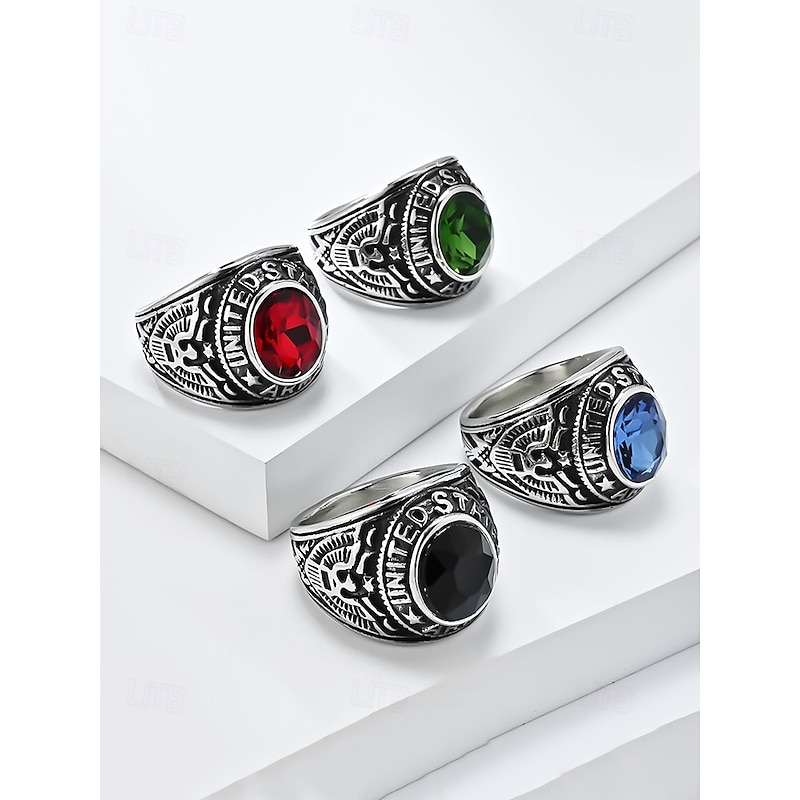 Men's Vintage Army Ring with Emerald Green Gemstone – Antique Silver Military Style Statement Ring for Veterans and Collectors