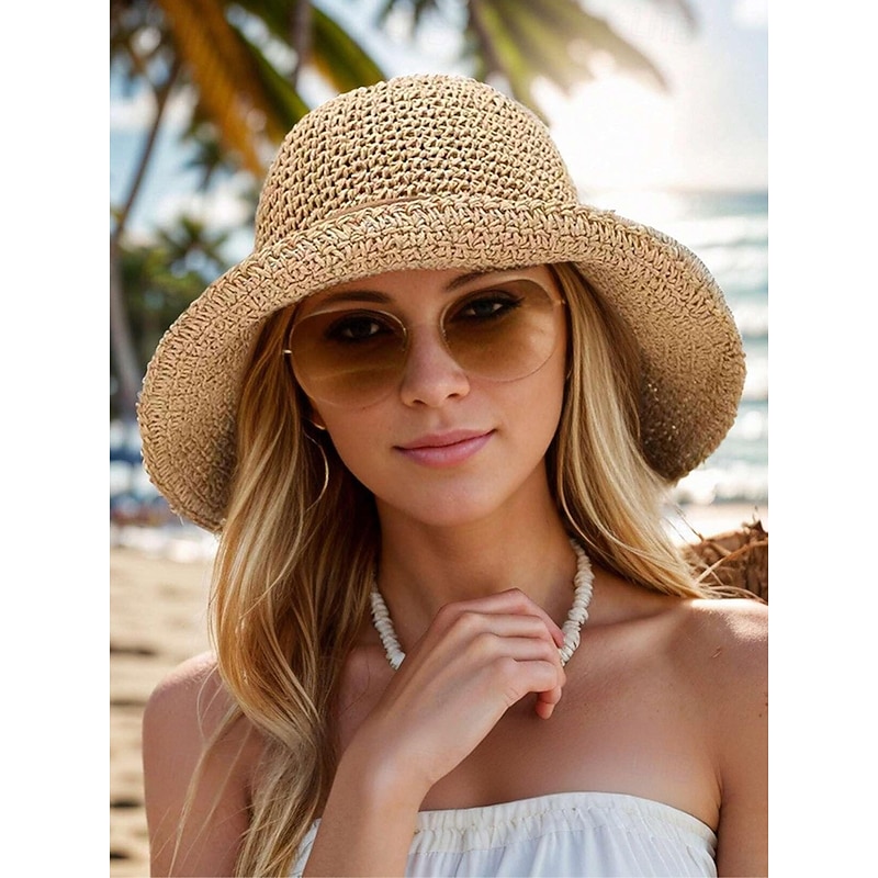 Women's Wide Brim Straw Sun Hat with Bowknot, Foldable Beach Hat for Summer Travel and Outdoor Vacation