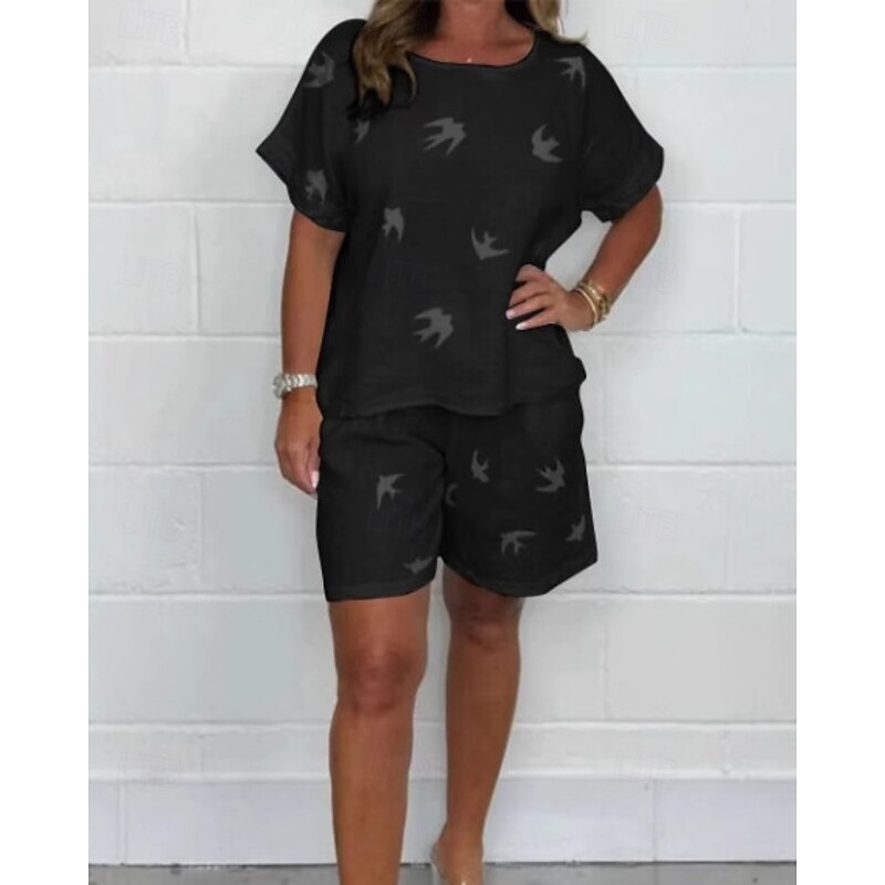 Women's Active Basic Cotton Linen Sets Shorts Sets Short Sleeve Crew Neck Geometric Print Holiday Casual Daily Black White Brown Summer Regular Fit4