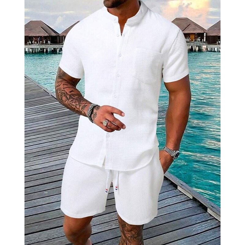 Men's Shirt Suits T-shirt Suits 2 Pieces Outfits Tee & Shorts Short Sleeve Standing Collar Summer Plain Fashion Casual 2 Piece Vacation Daily Wear Going out Black White Navy Blue Top Tee for Men