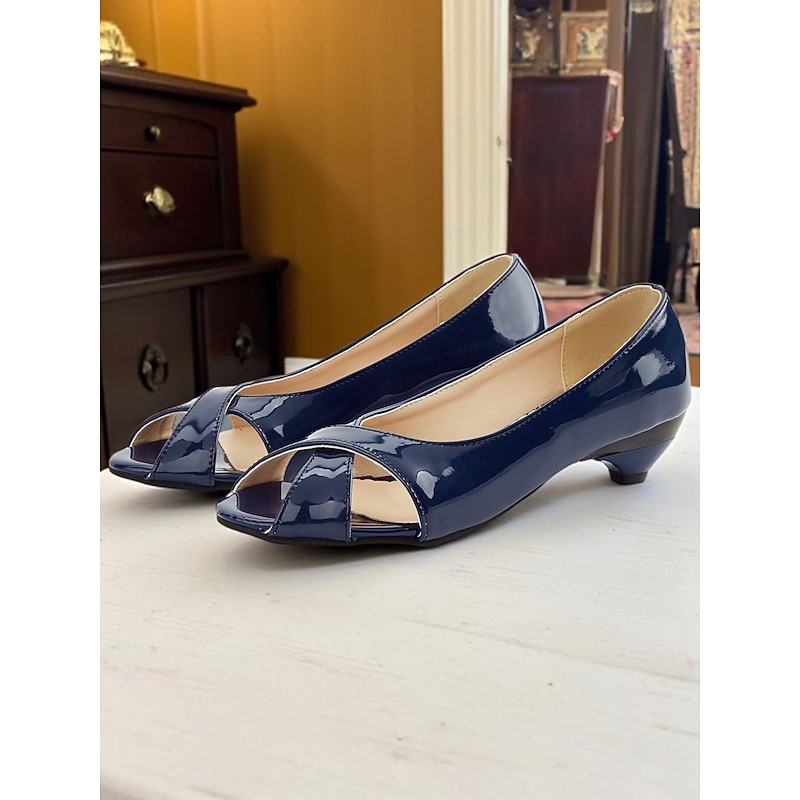 Women's Navy Blue Patent Leather Peep Toe Kitten Heels – 1950s Vintage Style Dress Shoes for Office, Church, and Spring Events4
