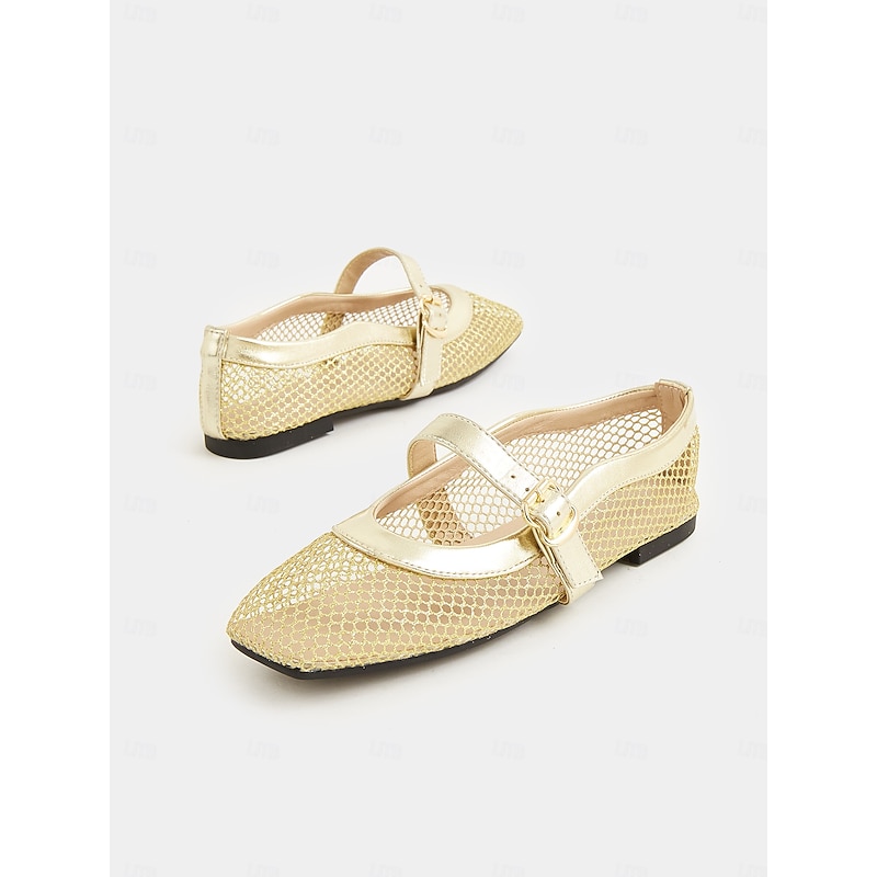 Women's Gold Mesh Mary Jane Flats – Elegant Low Heel Date Shoes with Buckle Strap for Casual Outings and Daily Wear4