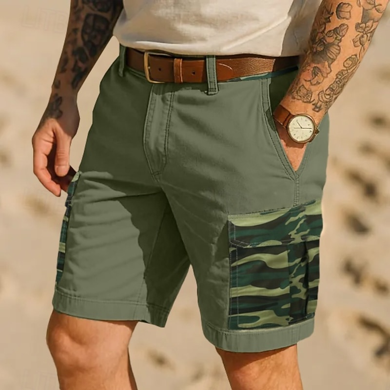 Men's Cargo Shorts Outdoor Shorts Camping Shorts Camo Shorts Hiking Shorts Elastic Waist Multi Pocket Plain Camouflage Moisture Wicking Wearable Knee Length Casual Daily Fashion Streetwear Black Green