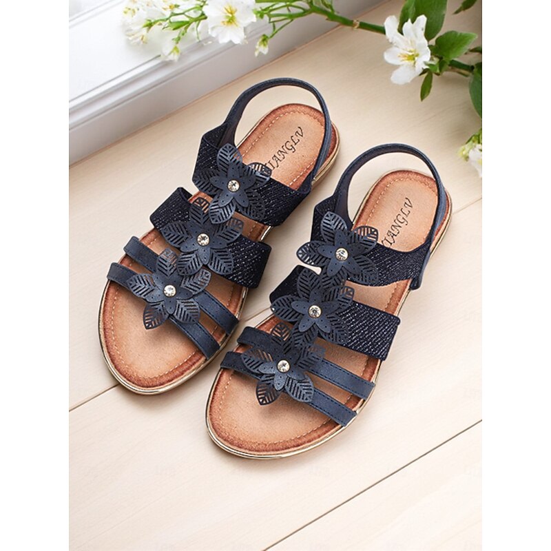 Women's Beige Floral Rhinestone Flat Sandals – Elegant Boho Style Wedding Shoes for Brides, Beach Ceremonies, and Summer Travel3