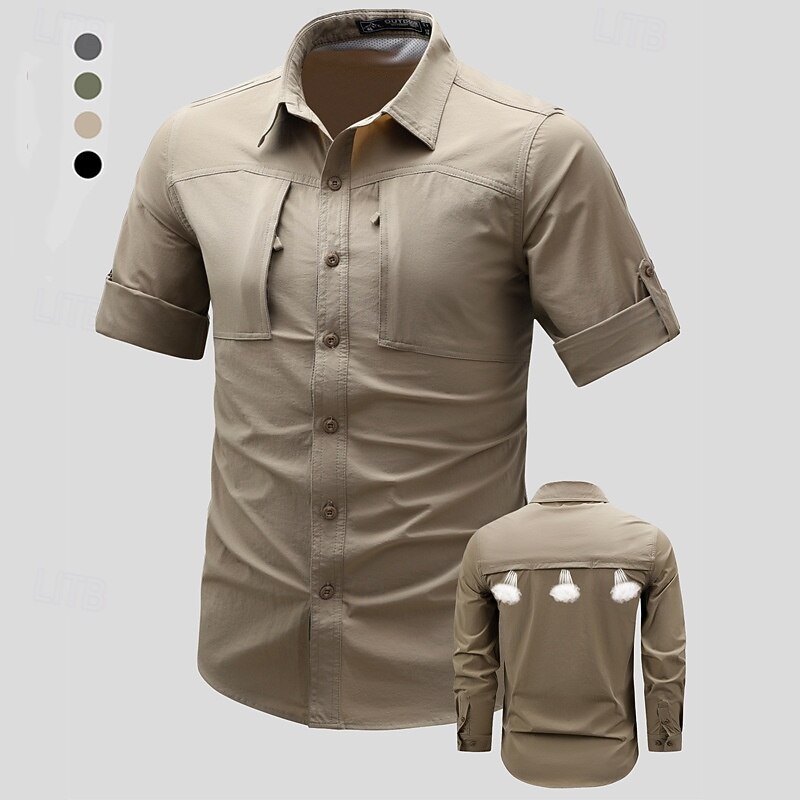 Men's Shirt Summer Shirt Casual Shirt Button Up Shirt Cargo Shirt Black khaki Army Green Gray Short Sleeve Plain Shirt Collar Vacation Hawaiian Pocket Clothing Apparel 100% Cotton Fashion Casual