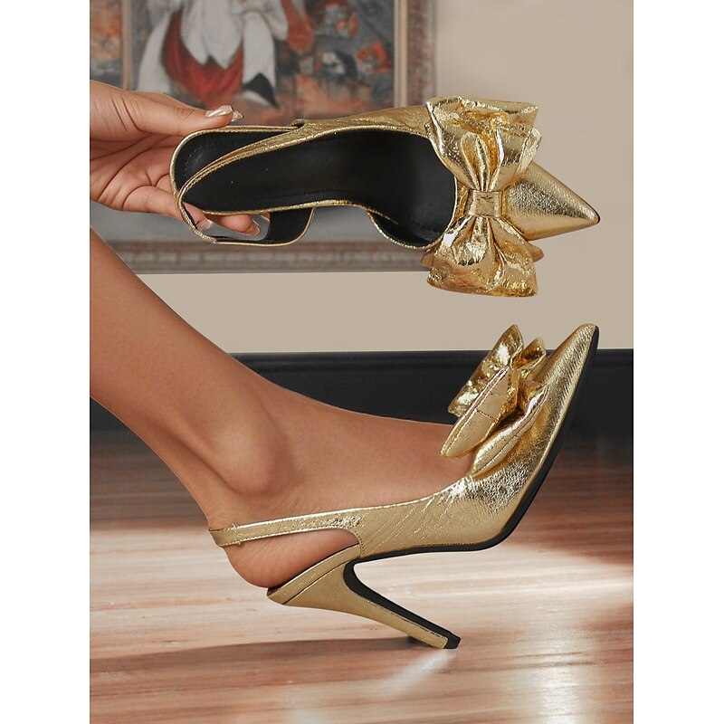 Women's 1950s Style Metallic Green Bow Heels – Elegant Pointed Toe Slingback Stilettos for Party, Prom & Vintage Glam Looks
