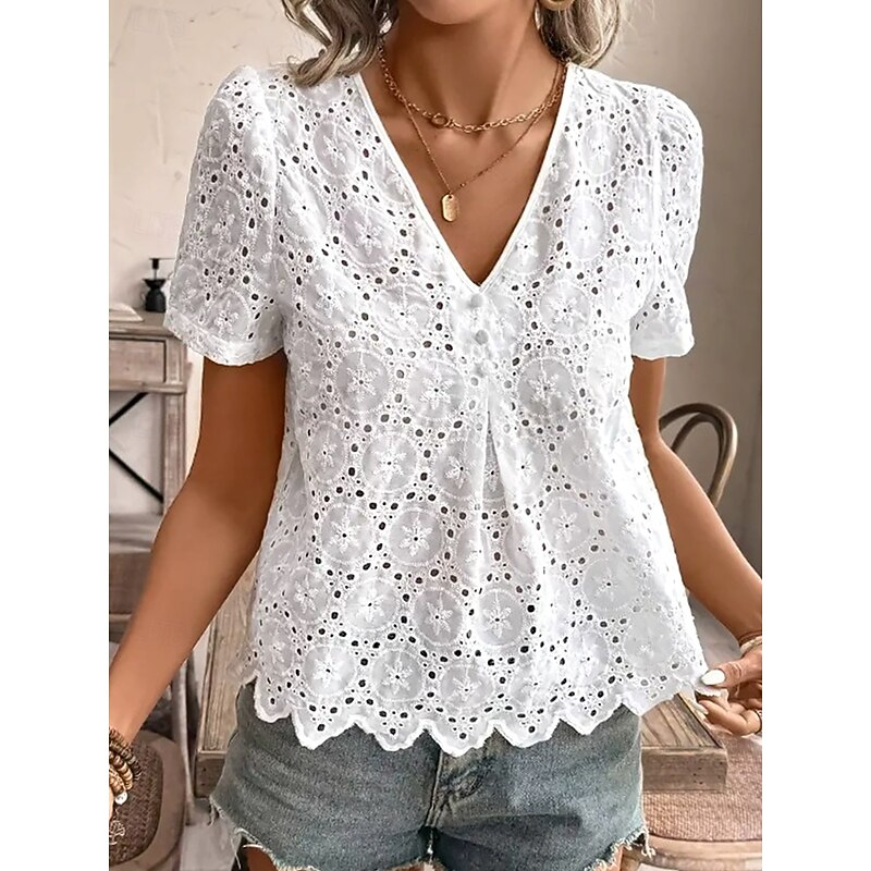 Women's Shirt Floral Casual Short Sleeve Shirt Collar Regular Tops Daily Holiday Lace Buttons White Summer Spring4